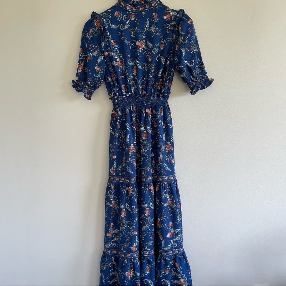 Floral Print Tiered Ruffle Maxi Dress Blue Size XS Prairie Cottagecore - Picture 2 of 10